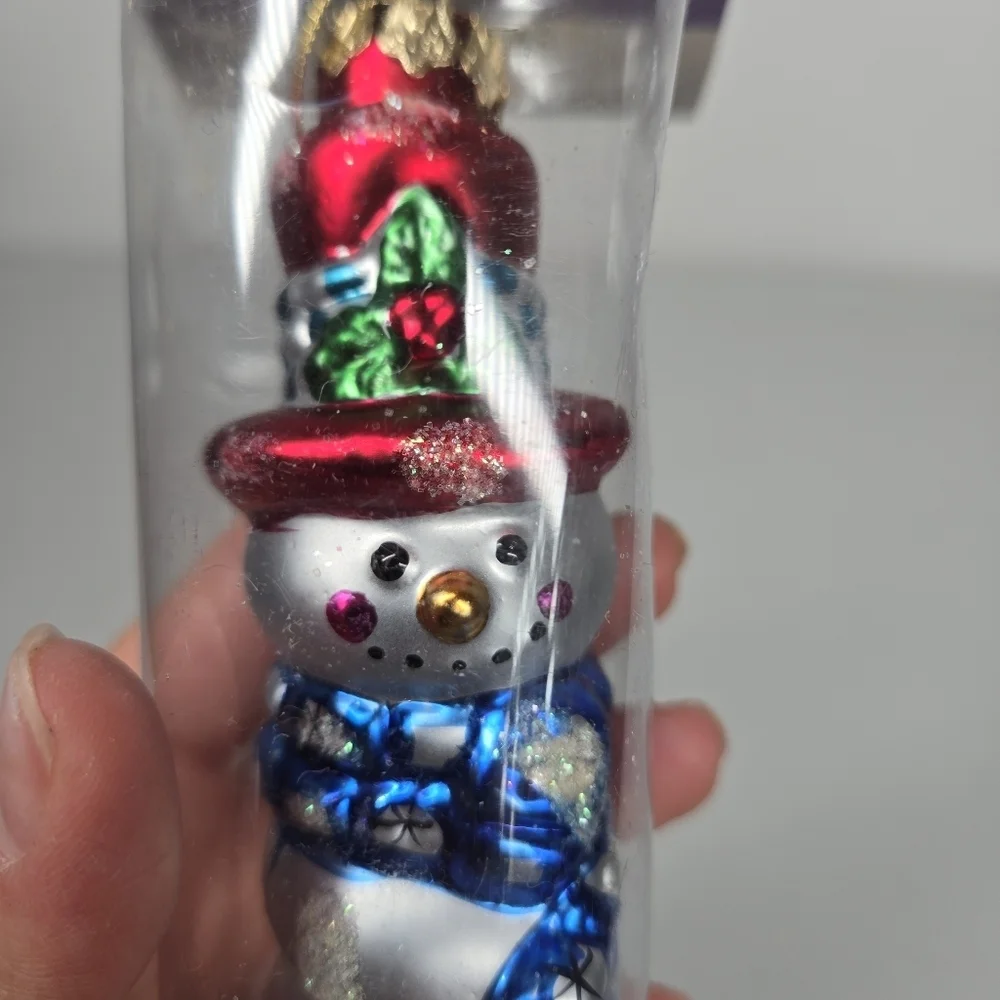 VTG Slim Frosty Frolics Snowman Handblown Glass Christmas Ornament Twirl Holiday